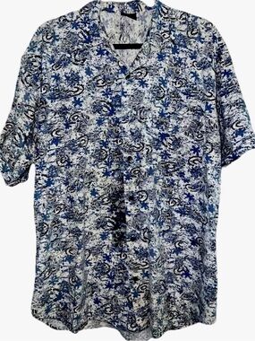 Vintage Shah Safari XL Blue Abstract All Over Print Cotton Shirt - 90s Retro